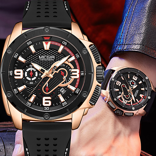 

MEGIR Men's Sport Watch Quartz Sporty Silicone Black 30 m Water Resistant / Waterproof Calendar / date / day Chronograph Analog Casual - Black / Silver BlackGloden Black One Year Battery Life