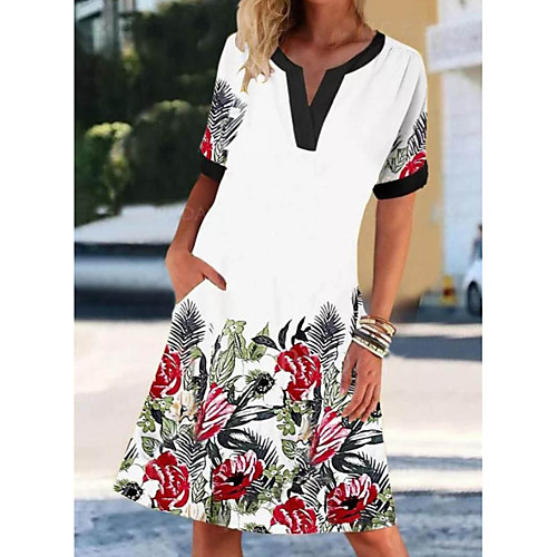 

Women's Shift Dress Knee Length Dress White Short Sleeve Floral Print Summer V Neck Hot Casual 2021 S M L XL XXL 3XL