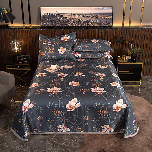 

Summer Mat - 3-Piece Set / 1 Bed Sheet and 2 Pillowcases / Ultra Silky Soft Polyester / Luxury Modern Floral Printed