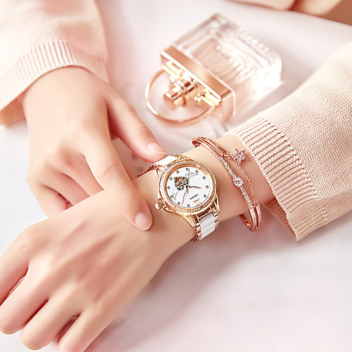 

Women's Mechanical Watch Casual Elegant Ceramic Genuine Leather Automatic self-winding Rose Gold White Black Water Resistant / Waterproof Analog