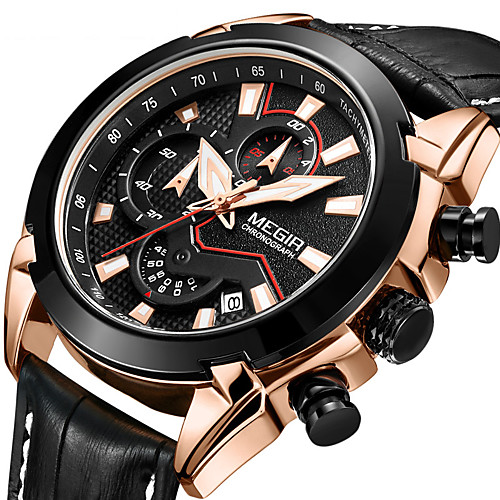 

MEGIR Men's Dress Watch Quartz Formal Style Sporty Genuine Leather Black / Brown 30 m Calendar / date / day Chronograph Shock Resistant Analog Outdoor Big Face - BlackGloden White Black Two Years