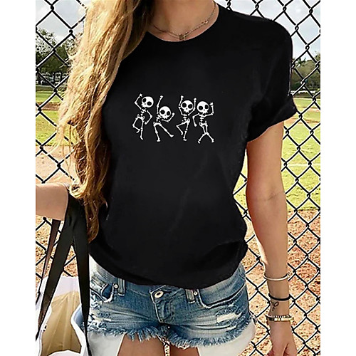 

Women's T shirt Graphic Print Round Neck Basic Tops Cotton Black