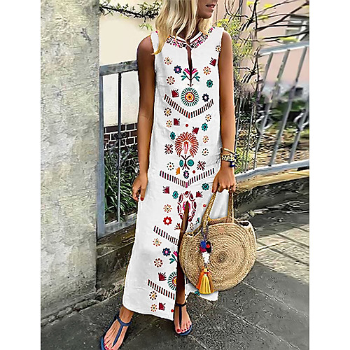 

Women's Tunic Maxi long Dress White Black Sleeveless Geometric Summer Spring & Summer Deep V Hot Boho 2021 M L XL XXL 3XL 4XL 5XL / Plus Size / Plus Size