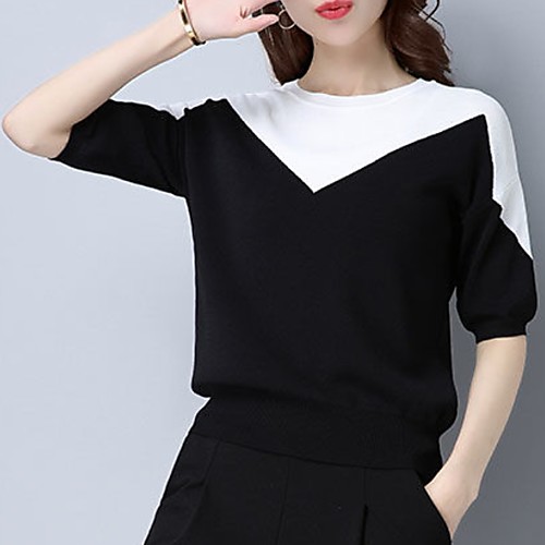 

Women's Color Block Long Sleeve Pullover Sweater Jumper, Round Neck Black / Green One-Size