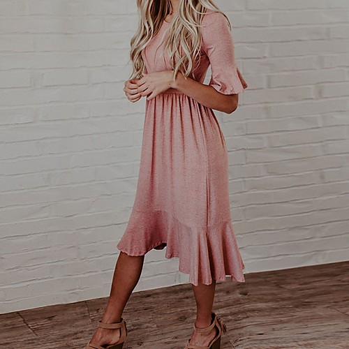 

Women's A-Line Dress Midi Dress - Short Sleeves Solid Color Summer Casual 2020 Blushing Pink S M L XL