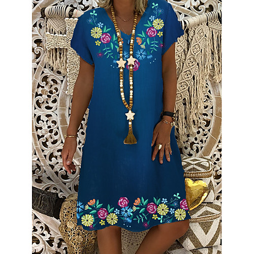 

Women's Denim Dress Knee Length Dress Blue Short Sleeve Floral Print Summer V Neck Hot Casual 2021 M L XL XXL 3XL
