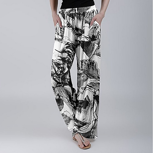 

Women's Basic Loose Wide Leg Pants - Print Black Blue Purple S / M / L