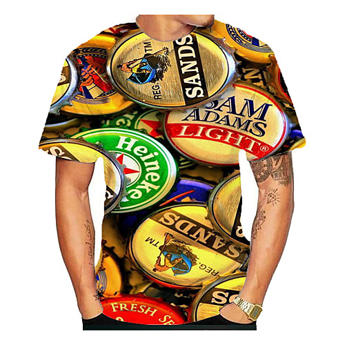 

Men's T shirt Shirt Graphic Beer Print Short Sleeve Daily Tops Round Neck Brown