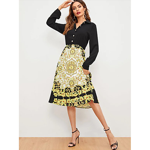

Women's A-Line Dress Knee Length Dress - Long Sleeve Floral Print Print Spring Summer Elegant Vintage Daily Holiday 2020 Black S M L XL