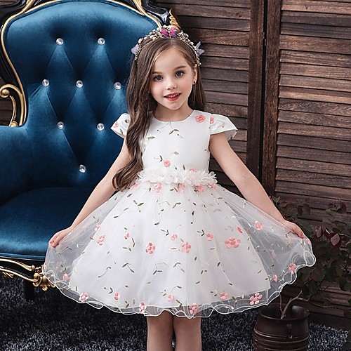

Princess / Ball Gown Floor Length Wedding / Party Flower Girl Dresses - Tulle Short Sleeve Jewel Neck with Sash / Ribbon / Appliques