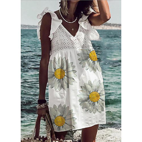 

Women's A-Line Dress Knee Length Dress - Sleeveless Print Summer Casual Mumu 2020 White S M L XL