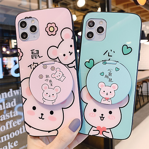 

Mirror Holder Tempered Glass Phone Case Cartoon Pattern for Apple iPhone Case 11 Pro Max X XR XS Max 8 Plus 7 Plus 6 Plus SE(2020) Curve Back Cover