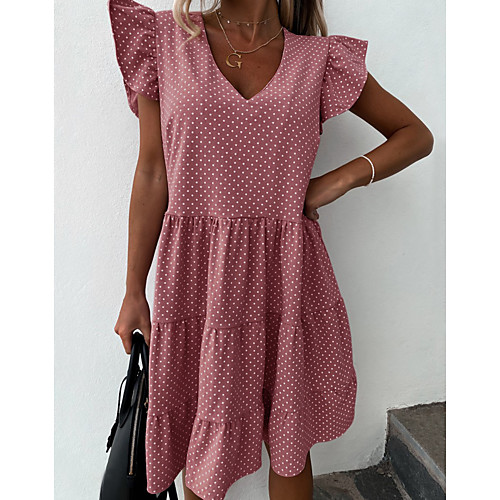 

Women's Swing Dress Knee Length Dress Blushing Pink Short Sleeve Polka Dot Ruffle Summer V Neck Hot Casual 2021 S M L XL
