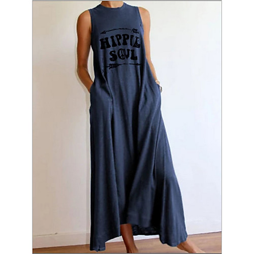 

Women's Shift Dress Maxi long Dress - Sleeveless Letter Summer Casual 2020 Blue Gray M L XL