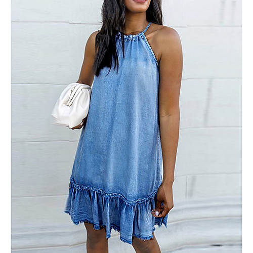 

Women's A-Line Dress Knee Length Dress - Sleeveless Solid Color Summer Work 2020 Light Blue S M L XL / Denim