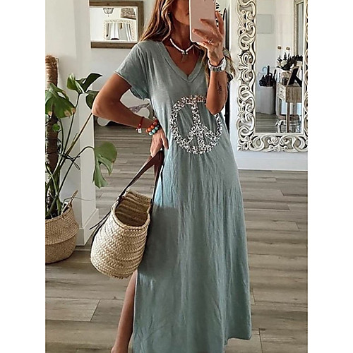 

Women's Shift Dress Maxi long Dress - Short Sleeves Print Summer Casual Chinoiserie 2020 Light Green S M L XL XXL XXXL