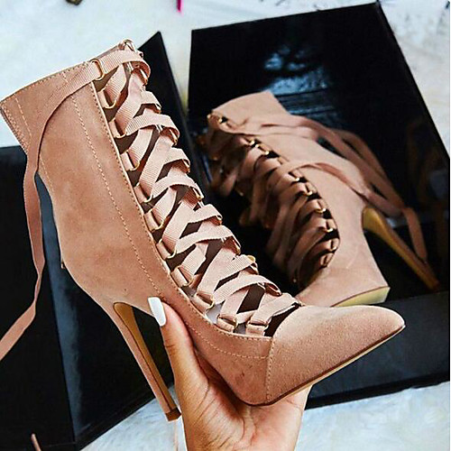 

Women's Boots Fall / Winter Stiletto Heel Pointed Toe Daily Lace-up Satin Mid-Calf Boots Black / Pink