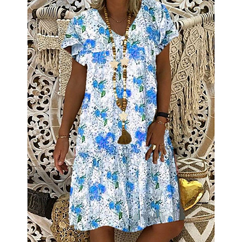 

Women's A-Line Dress Knee Length Dress - Short Sleeves Floral Summer Work 2020 Orange Light Blue S M L XL XXL XXXL XXXXL XXXXXL