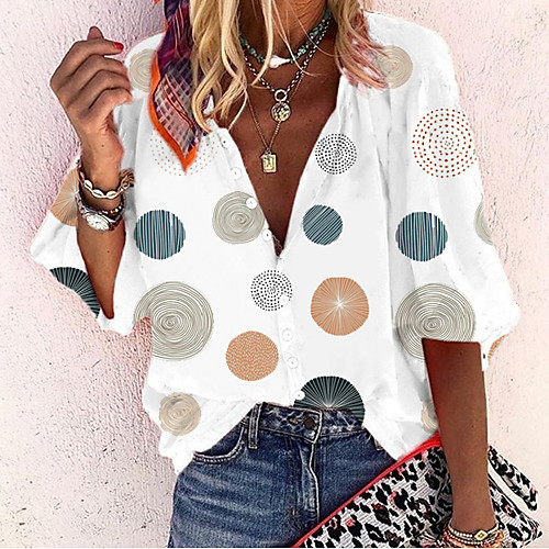 

Women's Blouse T shirt Shirt Polka Dot Graphic Long Sleeve Print V Neck Basic Tops White
