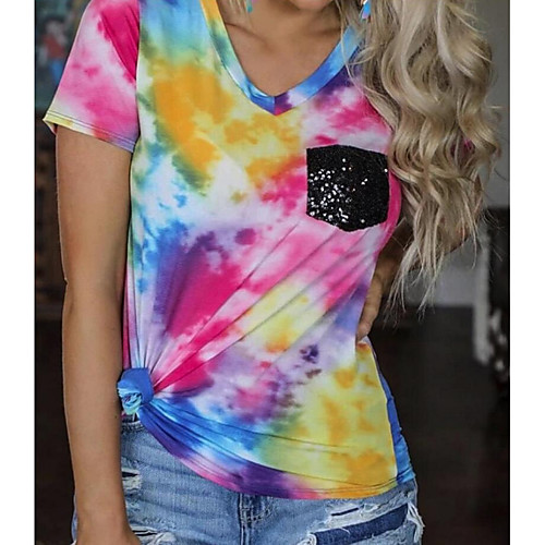 

Women's T shirt Color Block V Neck Tops Rainbow