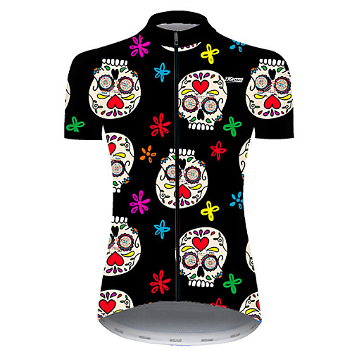 

21Grams Women's Short Sleeve Cycling Jersey Summer Nylon Polyester Black / Yellow Sugar Skull Skull Floral Botanical Bike Jersey Top Mountain Bike MTB Road Bike Cycling Ultraviolet Resistant Quick