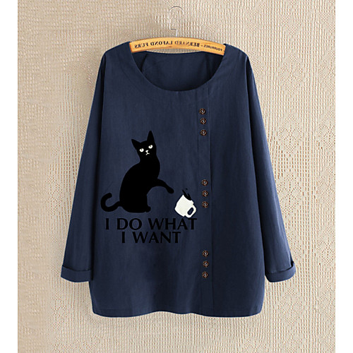 

Women's Blouse Shirt Cartoon Letter Long Sleeve Round Neck Tops Cotton White Black Red