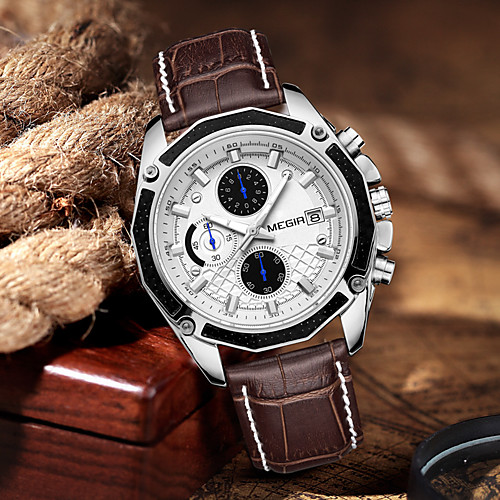 

MEGIR Men's Dress Watch Quartz Modern Style Sporty Genuine Leather Black / Brown 30 m Military Calendar / date / day Chronograph Analog Outdoor Fashion - White Black Two Years Battery Life