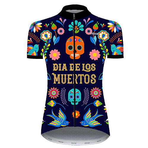 

21Grams Women's Short Sleeve Cycling Jersey Nylon Polyester Black / Orange Skull Floral Botanical Funny Bike Jersey Top Mountain Bike MTB Road Bike Cycling Breathable Quick Dry Ultraviolet Resistant