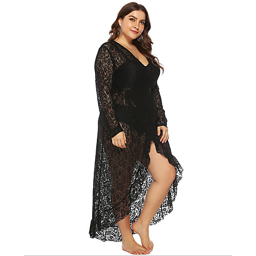 

Women's A Line Dress Maxi long Dress Black Long Sleeve Solid Color Summer V Neck Casual Sexy 2021 L XL XXL 3XL / Plus Size