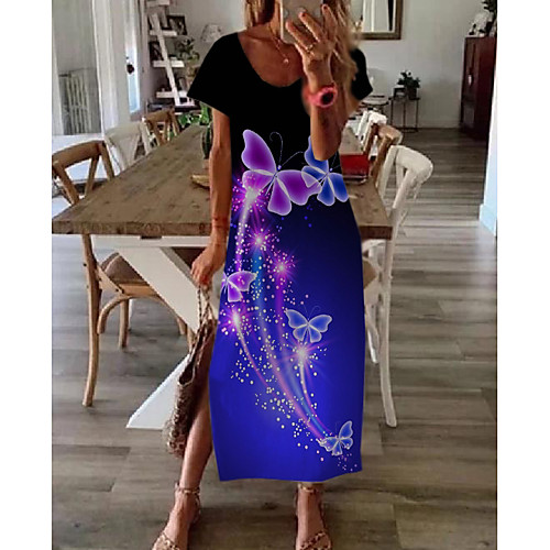 

Women's Shift Dress Maxi long Dress - Short Sleeves Butterfly Summer Casual Boho Daily 2020 Navy Blue M L XL XXL XXXL