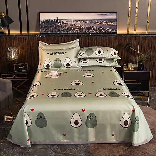 

Summer Mat - 3-Piece Set / 1 Bed Sheet and 2 Pillowcases / Ultra Silky Soft Polyester / Cute Avocado Printed / Light Green