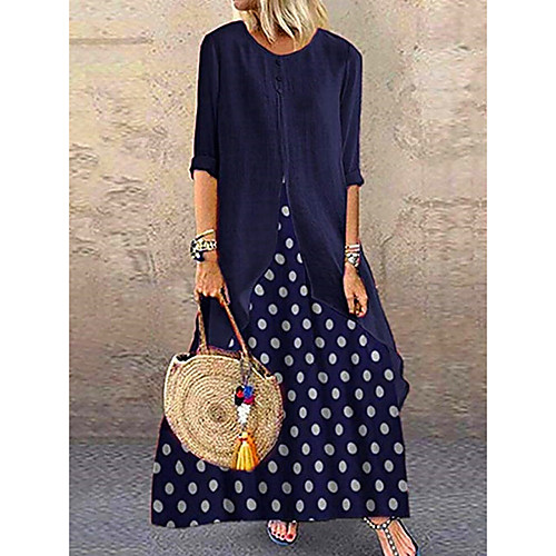

Women's A Line Dress Maxi long Dress Blushing Pink Black Red Navy Blue 3/4 Length Sleeve Polka Dot Summer Round Neck Hot Casual 2021 M L XL XXL 3XL 4XL 5XL