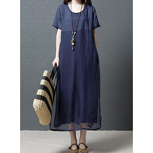 

Women's A Line Dress Knee Length Dress Blue Yellow Short Sleeve Solid Color Summer Round Neck Casual Chinoiserie 2021 M L XL XXL