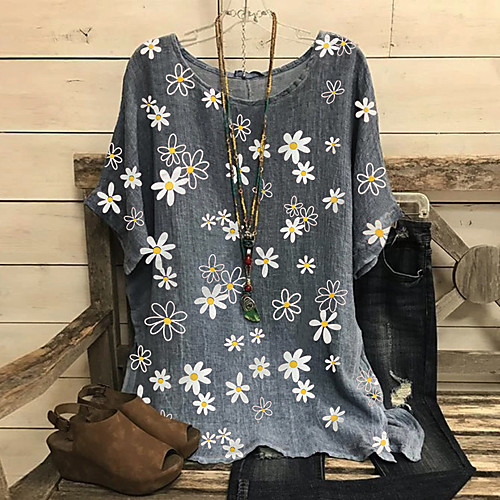 

Women's Blouse Shirt Floral Flower Print Round Neck Basic Tops Cotton Green