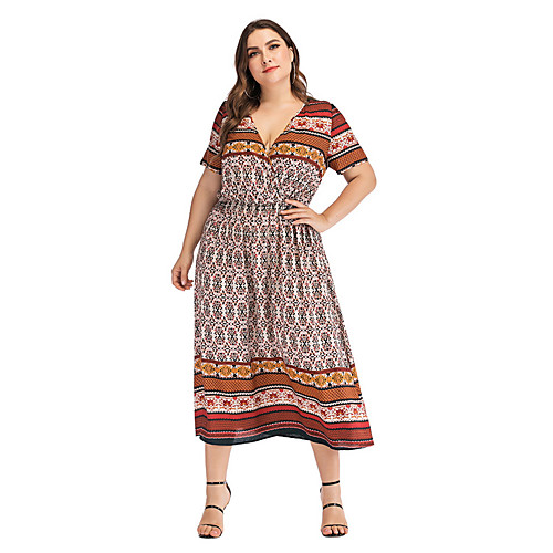 

Women's Plus Size A-Line Dress Midi Dress - Short Sleeves Print Summer V Neck Casual Vintage 2020 Light Brown L XL