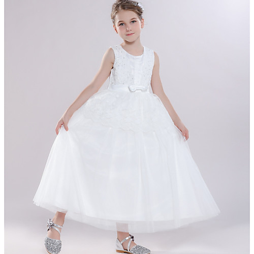 

Ball Gown Round Floor Length Tulle Junior Bridesmaid Dress with Bow(s) / Tier