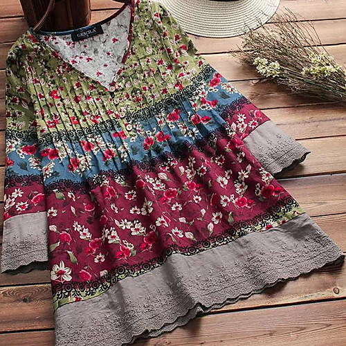 

Women's Blouse Shirt Geometric Long Sleeve Round Neck Tops Green
