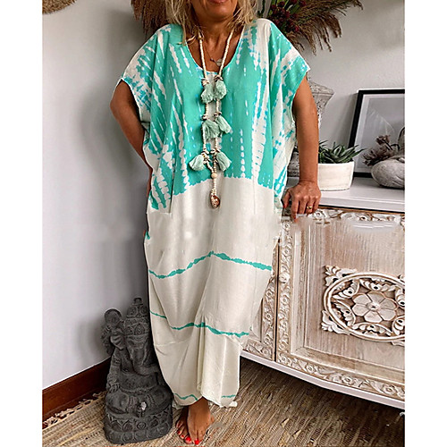 

Women's Shift Dress Maxi long Dress - Short Sleeves Tie Dye Summer Casual Chinoiserie 2020 Wine Blue Dark Gray S M L XL XXL