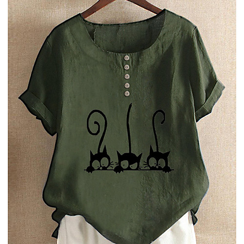 

Women's Blouse Shirt Cartoon Round Neck Tops White Red Army Green