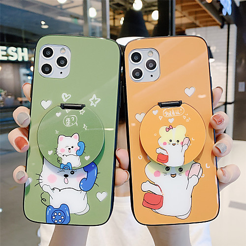 

Mirror Holder Tempered Glass Phone Case Cartoon Pattern for Apple iPhone Case 11 Pro Max X XR XS Max 8 Plus 7 Plus 6 Plus SE(2020) Curve Back Cover