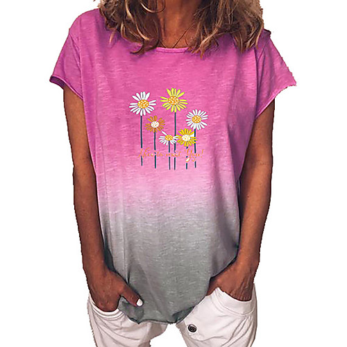 

Women's T shirt Floral Color Gradient Flower Round Neck Tops Blue Purple Yellow