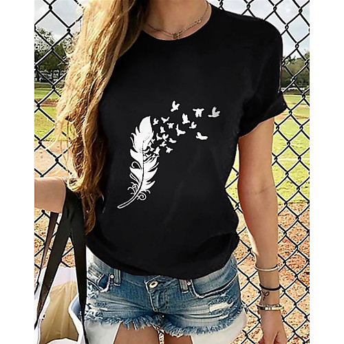 

Women's T shirt Graphic Print Round Neck Basic Tops Cotton Black