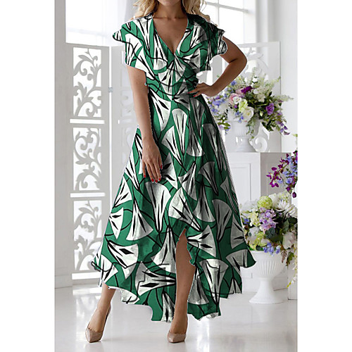 

Women's A-Line Dress Midi Dress - Short Sleeves Geometric Print Summer Casual Daily 2020 Green M L XL XXL XXXL