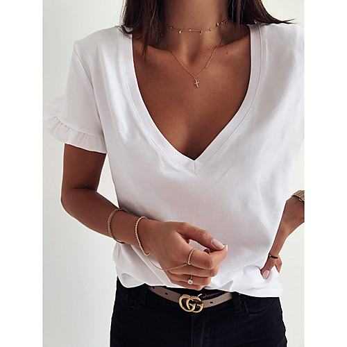 

Women's T shirt Plain Solid Colored Ruffle V Neck Basic Tops Purple Blushing Pink White