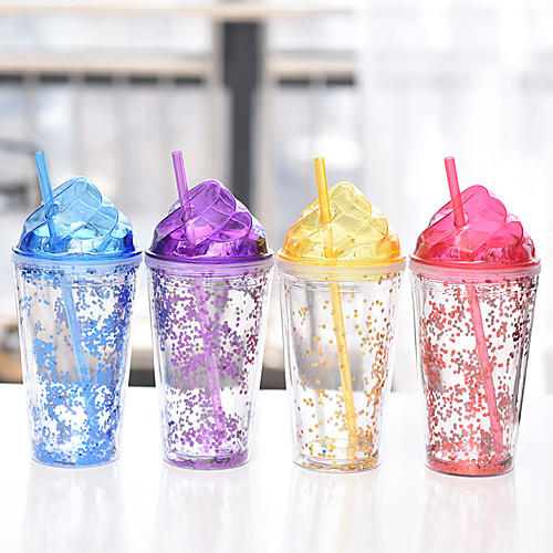 

Water Bottle PP Portable double Layer plastic sequin straw cup 370ml