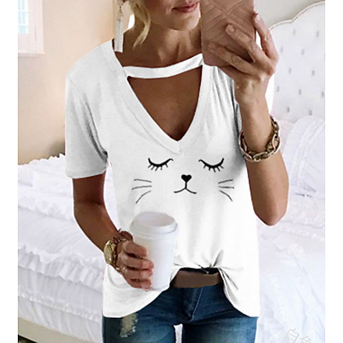 

Women's T shirt Cartoon Cat Printing V Neck Tops Blushing Pink Gray White