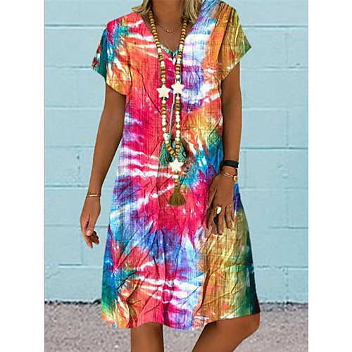 

Women's Shift Dress Knee Length Dress - Short Sleeves Rainbow Summer Casual 2020 Blue Purple Red S M L XL