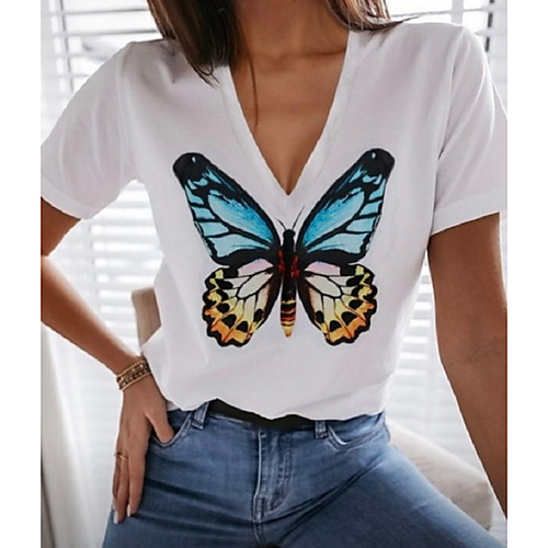

Women's T shirt Butterfly Animal V Neck Tops White Blue Red