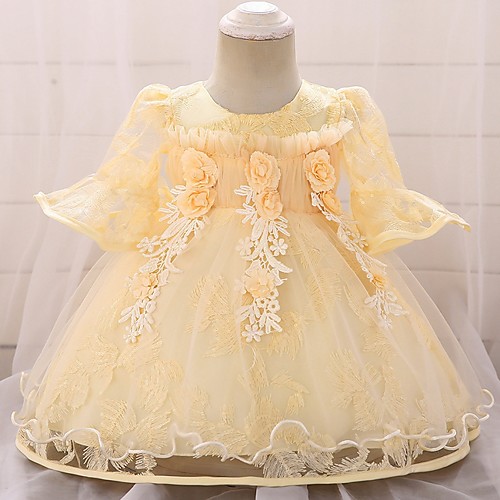 

Princess / Ball Gown Knee Length Wedding / Party Flower Girl Dresses - Tulle 3/4 Length Sleeve Jewel Neck with Bow(s) / Appliques / Flower