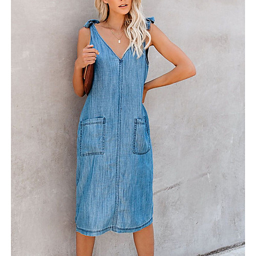 

Women's Shift Dress Knee Length Dress - Sleeveless Solid Color Summer V Neck Work Denim 2020 Blue S M L XL